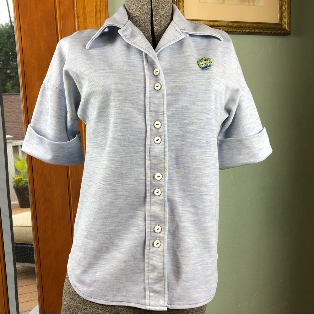Vintage 60s 70s Wide Collar Short Sleeve Button Up Polyester Blouse